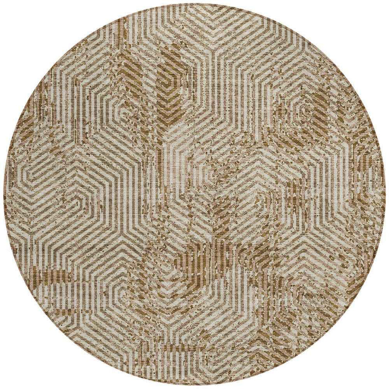 8' Brown And Beige Round Geometric Washable Indoor Outdoor Area Rug