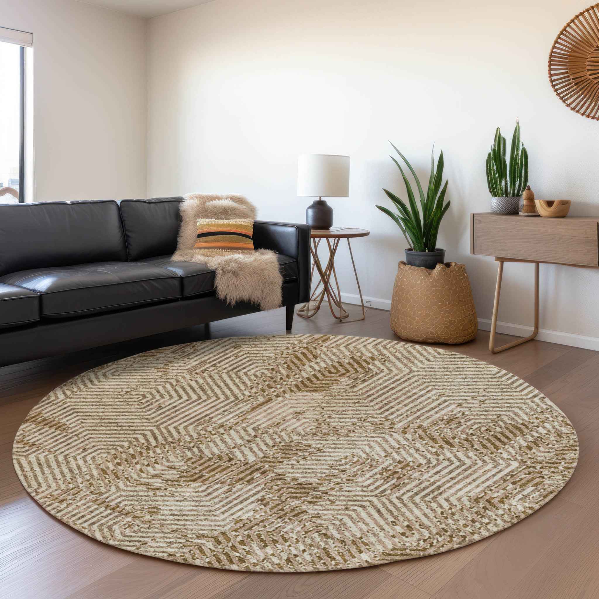 8' Brown And Beige Round Geometric Washable Indoor Outdoor Area Rug