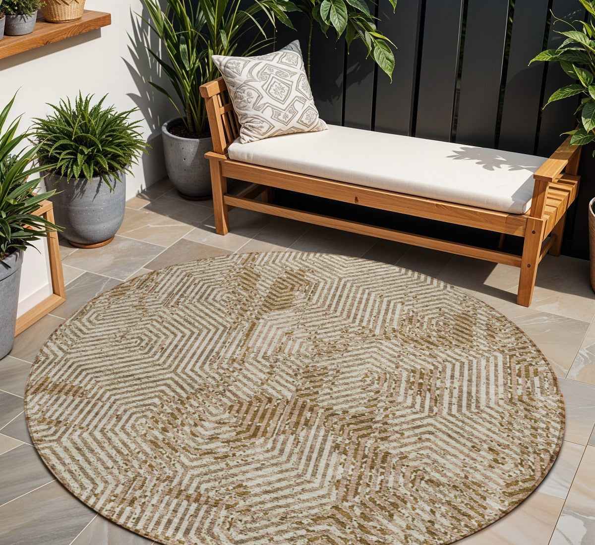 8' Brown And Beige Round Geometric Washable Indoor Outdoor Area Rug