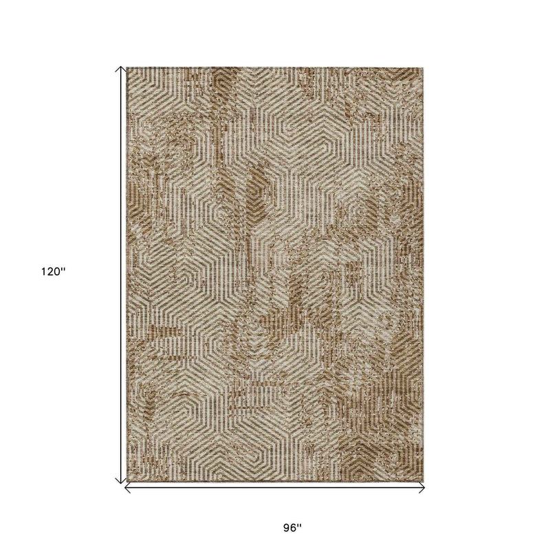 8' X 10' Brown And Beige Geometric Washable Indoor Outdoor Area Rug