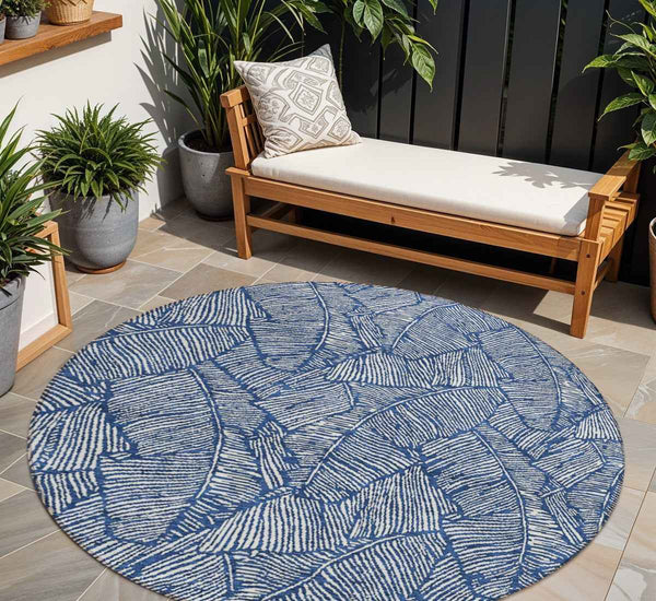 8' Navy Blue And Ivory Round Floral Washable Indoor Outdoor Area Rug
