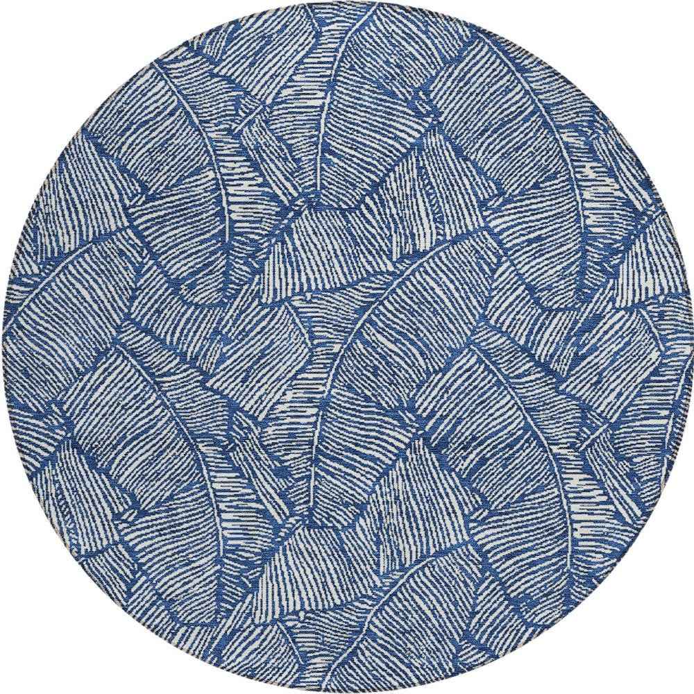 8' Navy Blue And Ivory Round Floral Washable Indoor Outdoor Area Rug