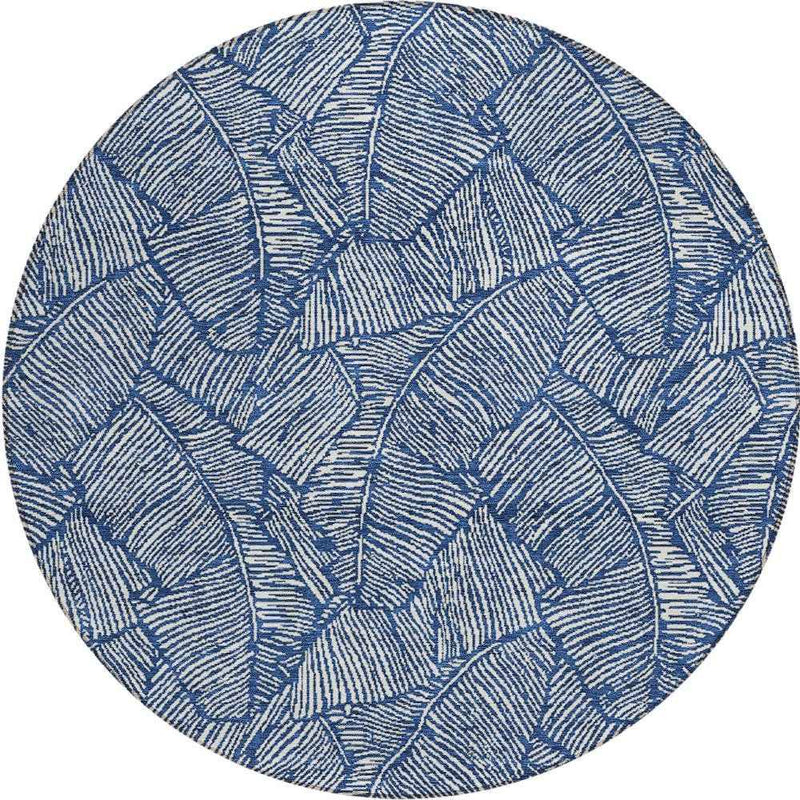 8' Navy Blue And Ivory Round Floral Washable Indoor Outdoor Area Rug