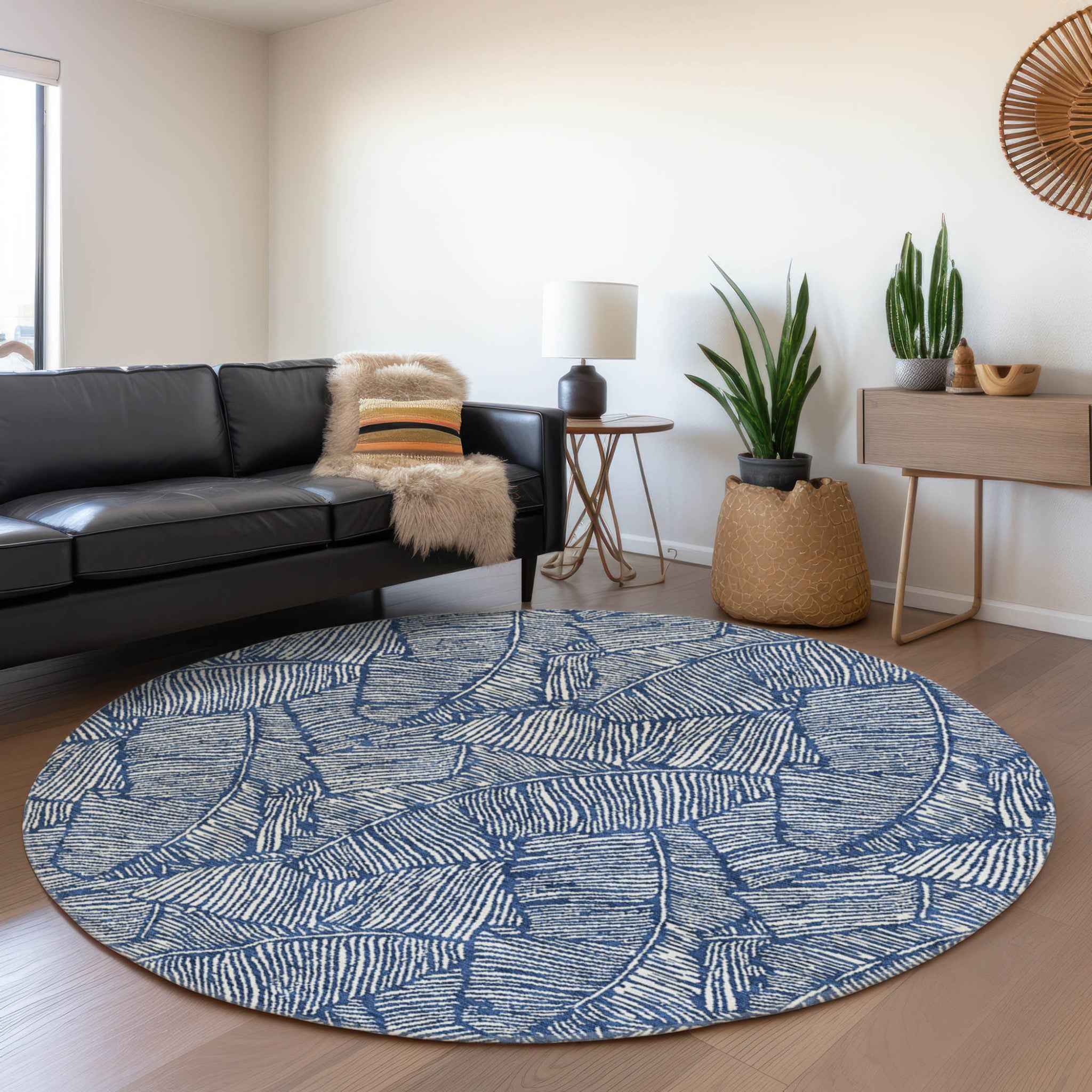 8' Navy Blue And Ivory Round Floral Washable Indoor Outdoor Area Rug