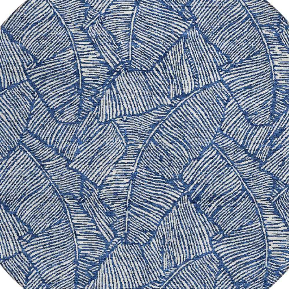 8' Navy Blue And Ivory Round Floral Washable Indoor Outdoor Area Rug