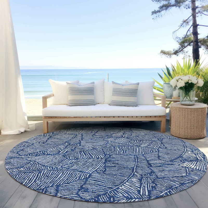 8' Navy Blue And Ivory Round Floral Washable Indoor Outdoor Area Rug