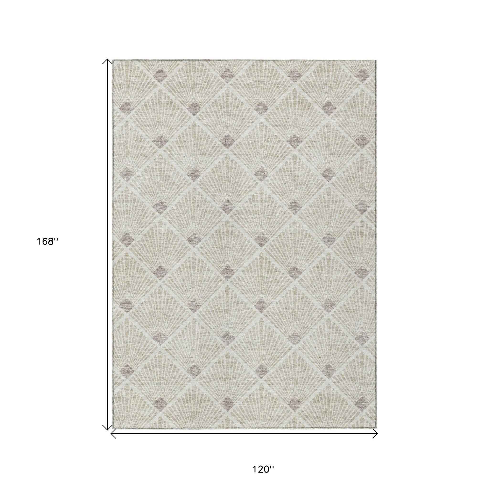 10' X 14' Beige And Ivory Geometric Washable Indoor Outdoor Area Rug