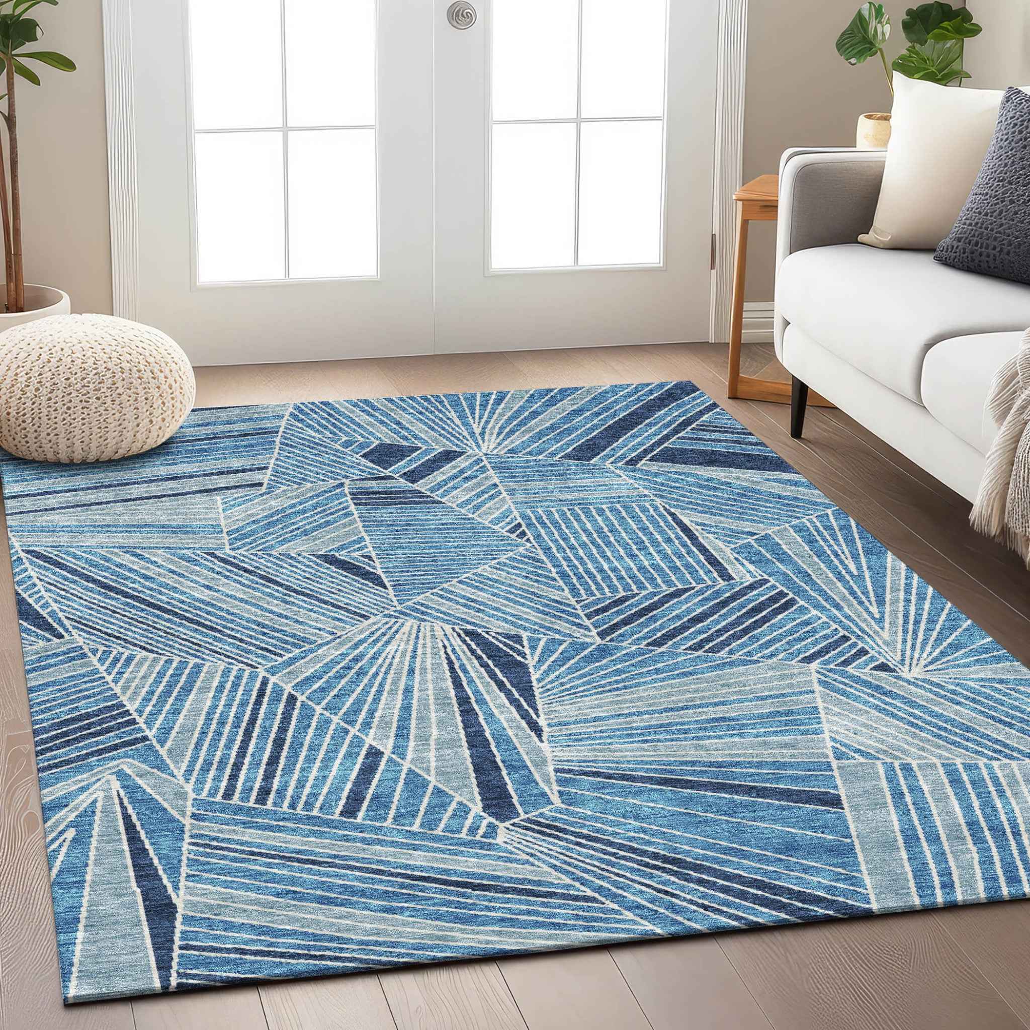 3' X 5' Blue And Teal Blue Geometric Washable Indoor Outdoor Area Rug
