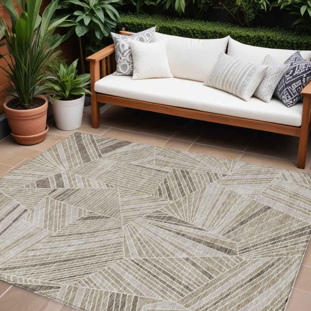 10' X 14' Beige Brown And Ivory Geometric Washable Indoor Outdoor Area Rug