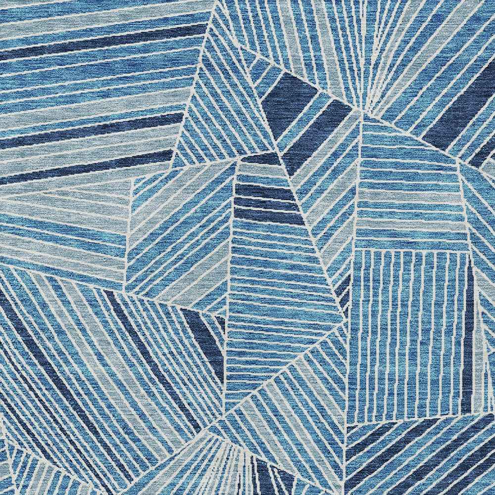 3' X 5' Blue And Teal Blue Geometric Washable Indoor Outdoor Area Rug