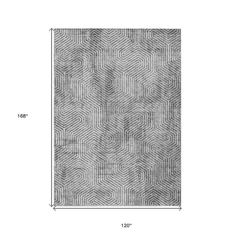 10' X 14' Silver And Gray Geometric Washable Indoor Outdoor Area Rug