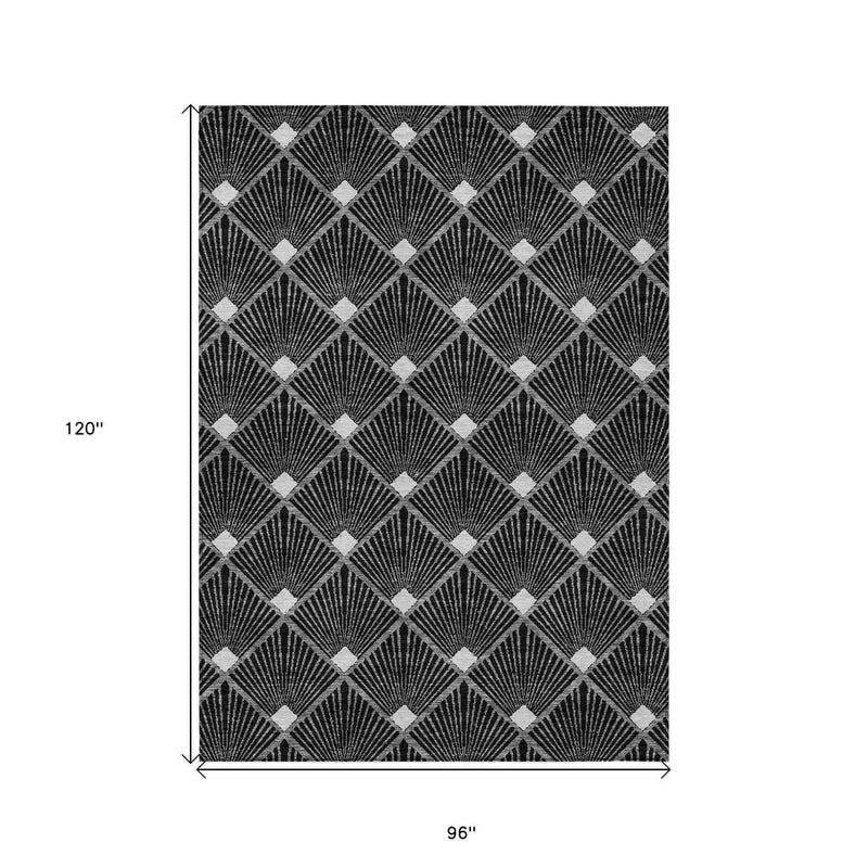 8' X 10' Black Gray And Ivory Geometric Washable Indoor Outdoor Area Rug