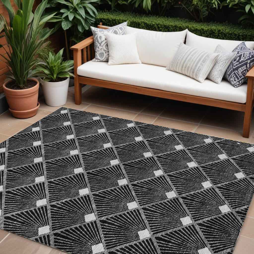 8' X 10' Black Gray And Ivory Geometric Washable Indoor Outdoor Area Rug
