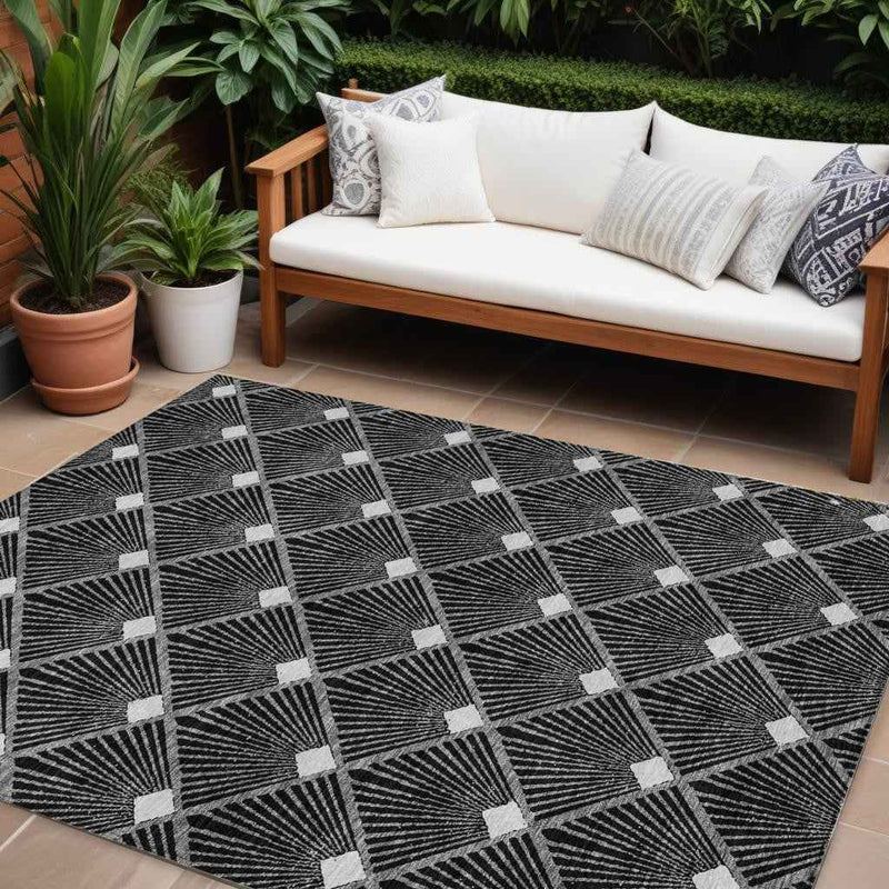 8' X 10' Black Gray And Ivory Geometric Washable Indoor Outdoor Area Rug