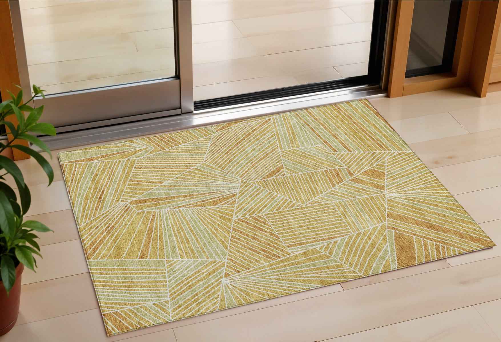 3' X 5' Gold Copper And Brown Geometric Washable Indoor Outdoor Area Rug