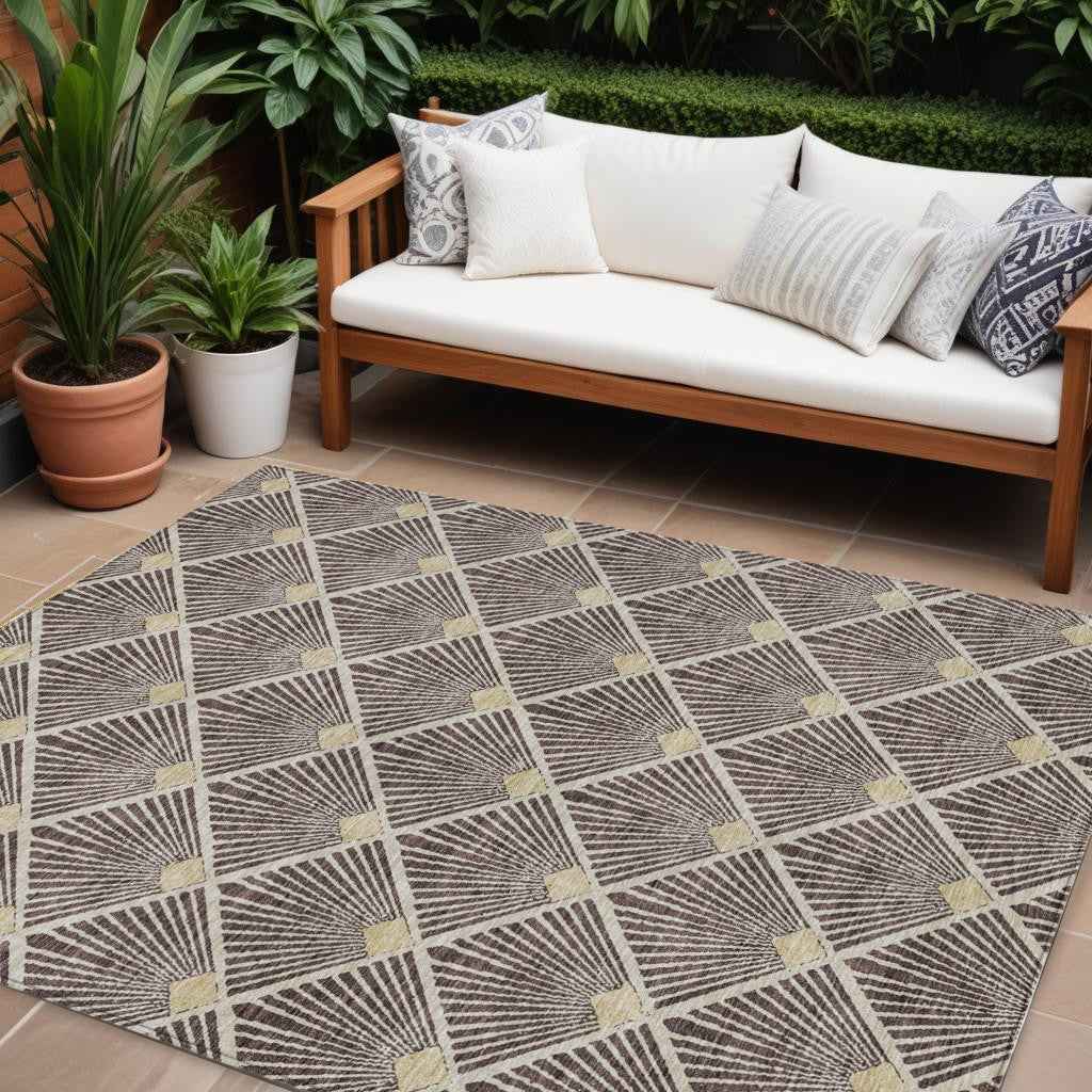 9' X 12' Brown And Beige Geometric Washable Indoor Outdoor Area Rug