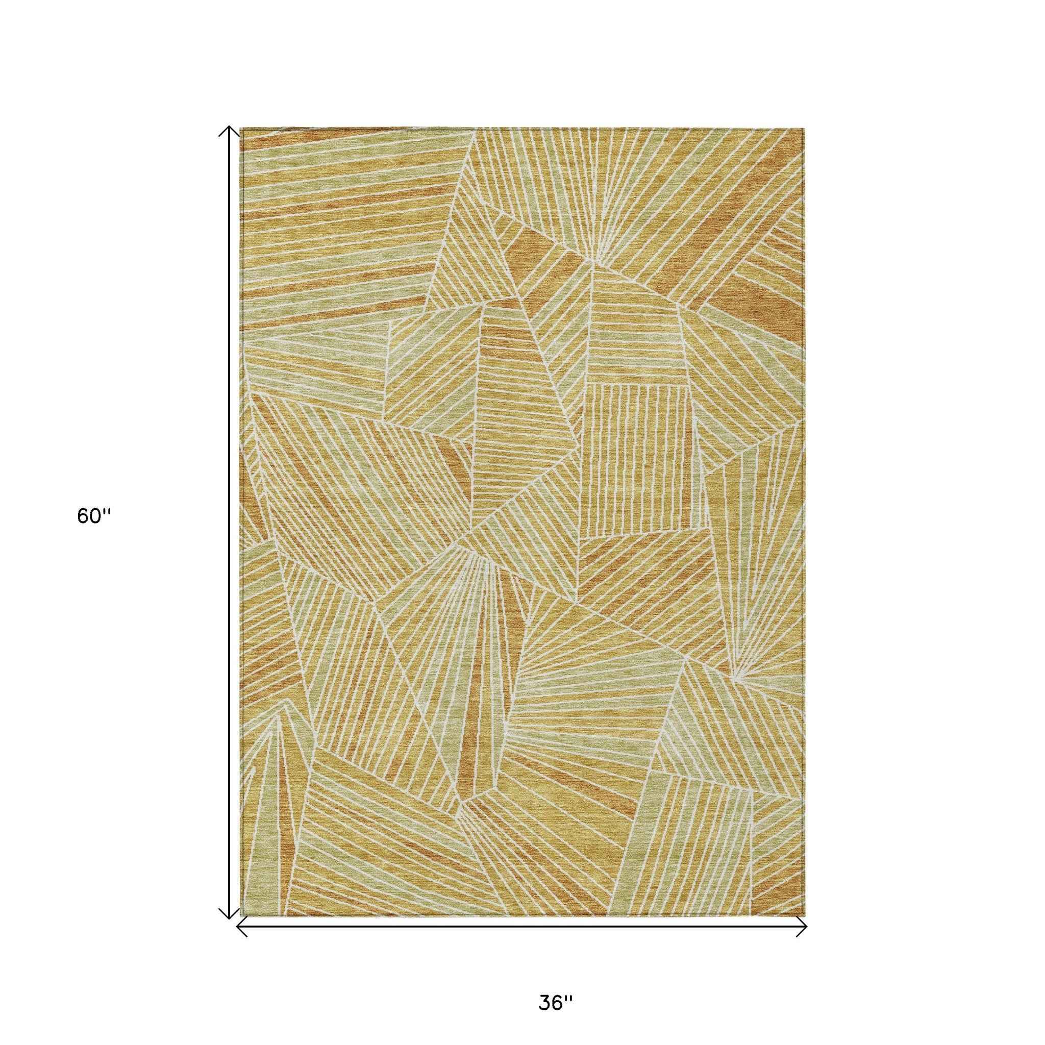 3' X 5' Gold Copper And Brown Geometric Washable Indoor Outdoor Area Rug