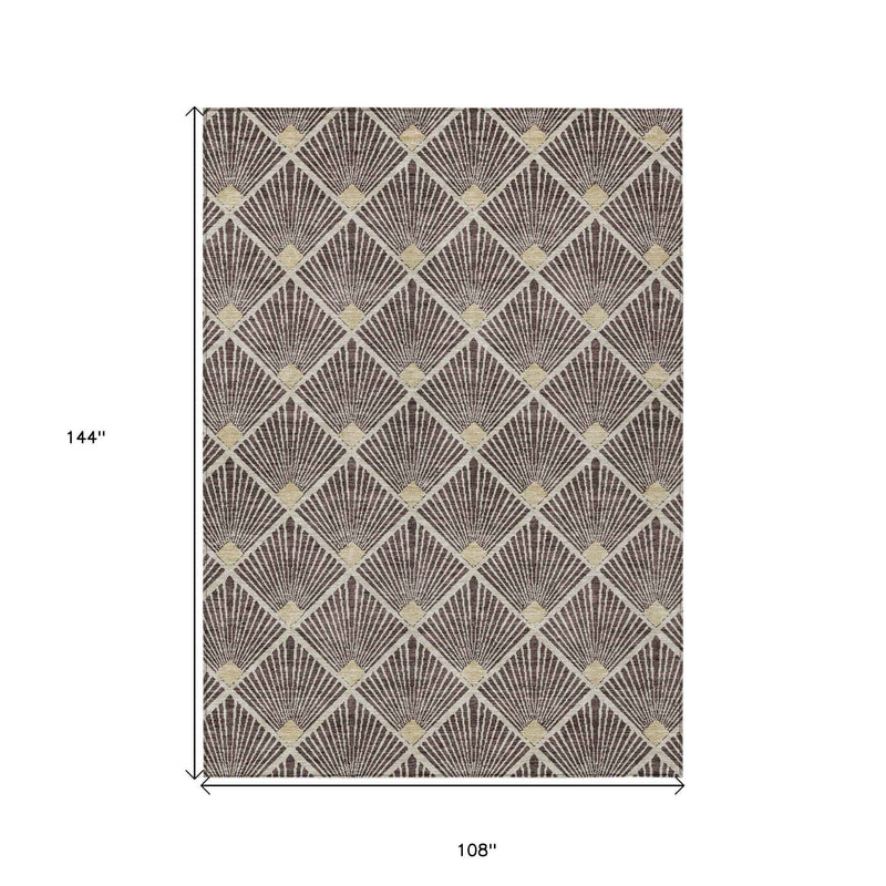 9' X 12' Brown And Beige Geometric Washable Indoor Outdoor Area Rug