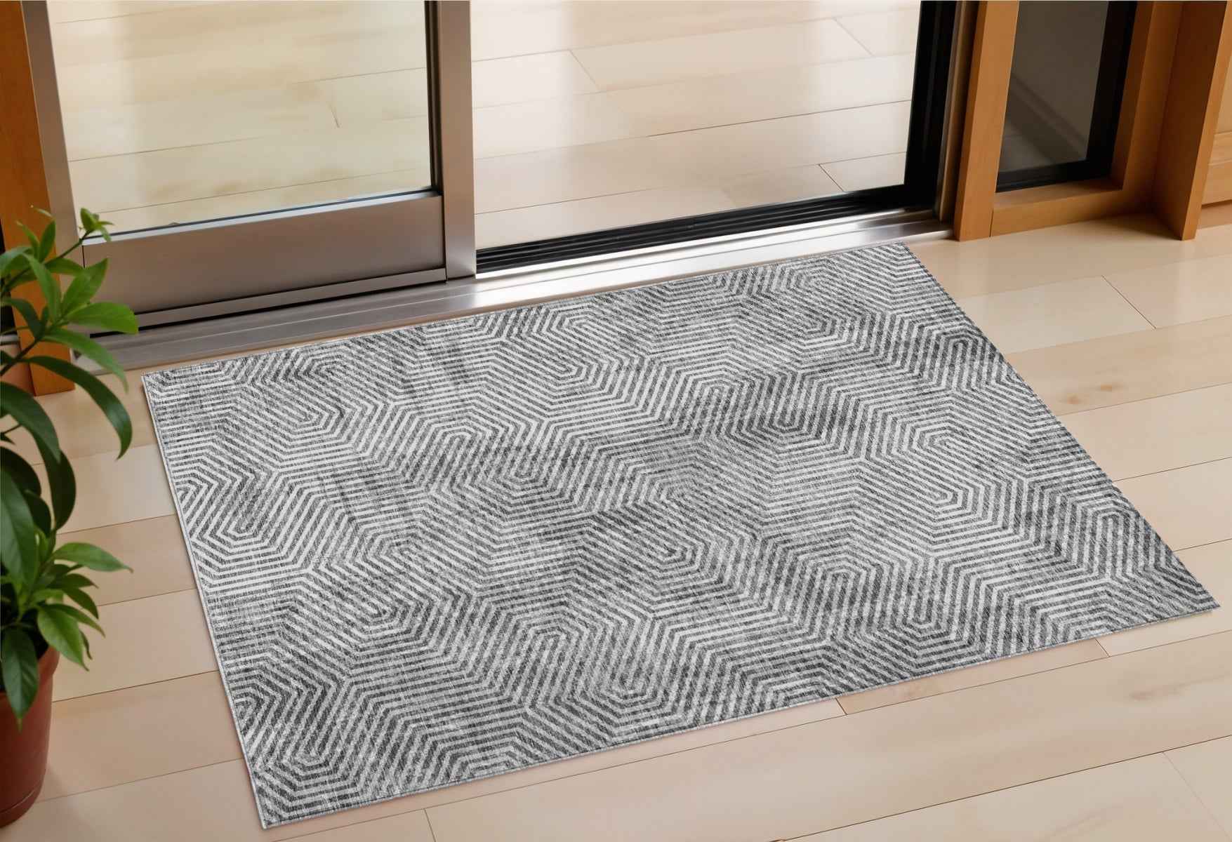 3' X 5' Silver And Gray Geometric Washable Indoor Outdoor Area Rug