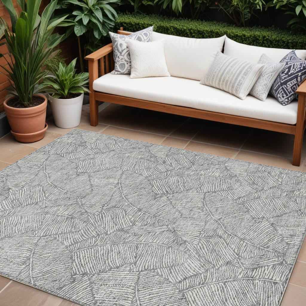 10' X 14' Gray And Ivory Floral Washable Indoor Outdoor Area Rug