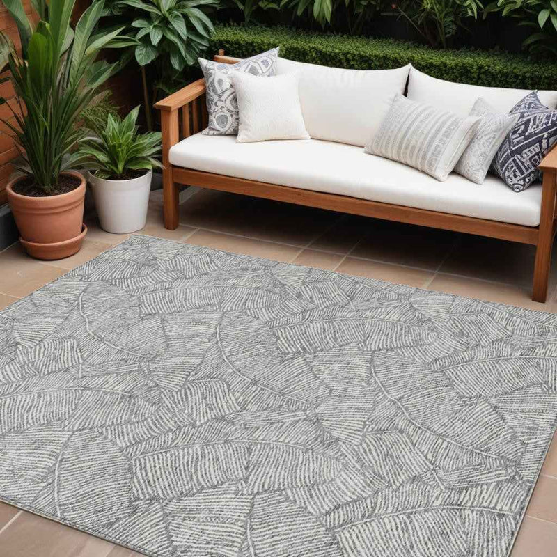 10' X 14' Gray And Ivory Floral Washable Indoor Outdoor Area Rug