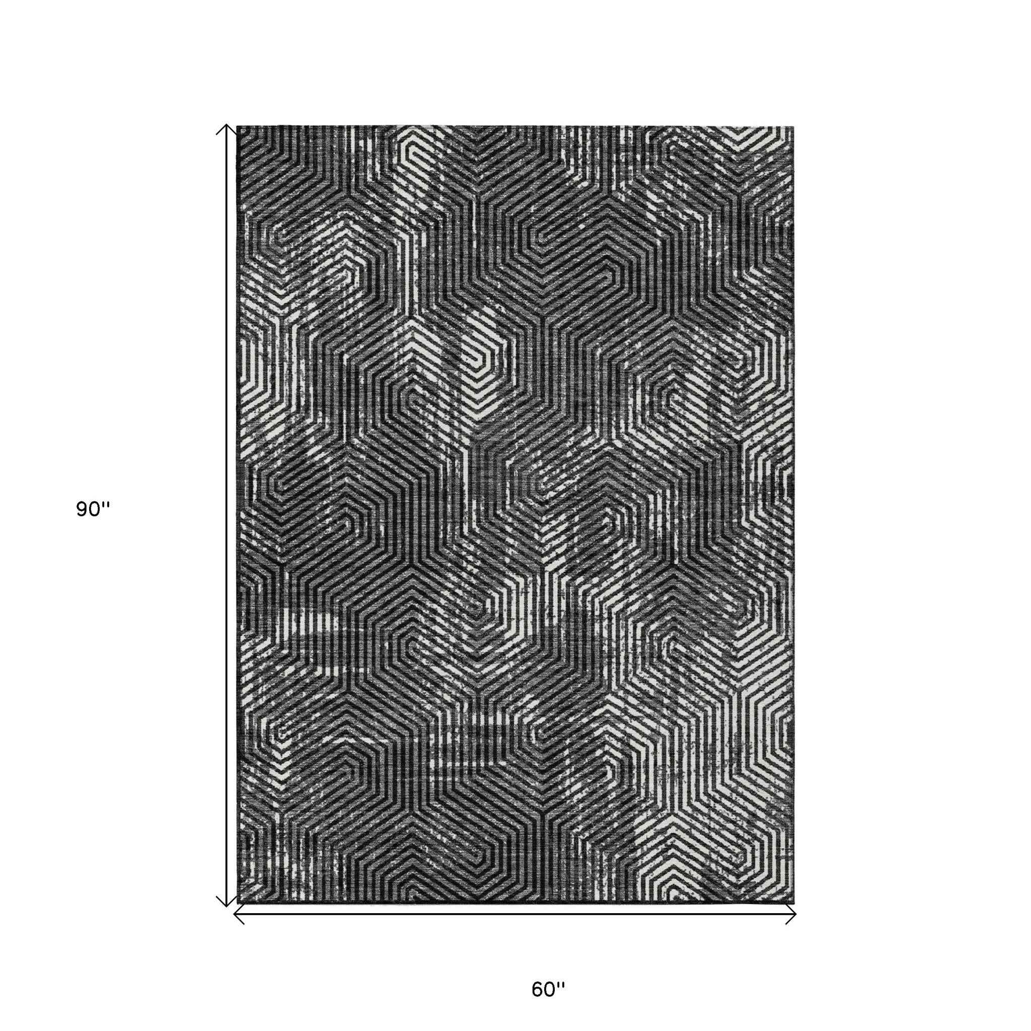 5' X 8' Black And Ivory Geometric Washable Indoor Outdoor Area Rug
