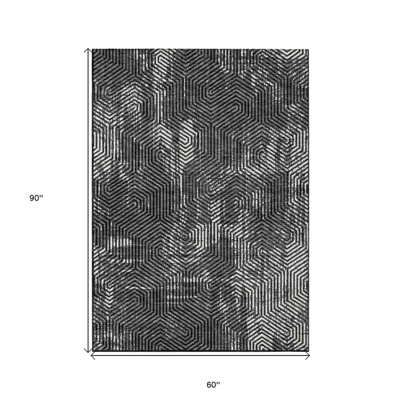 5' X 8' Black And Ivory Geometric Washable Indoor Outdoor Area Rug