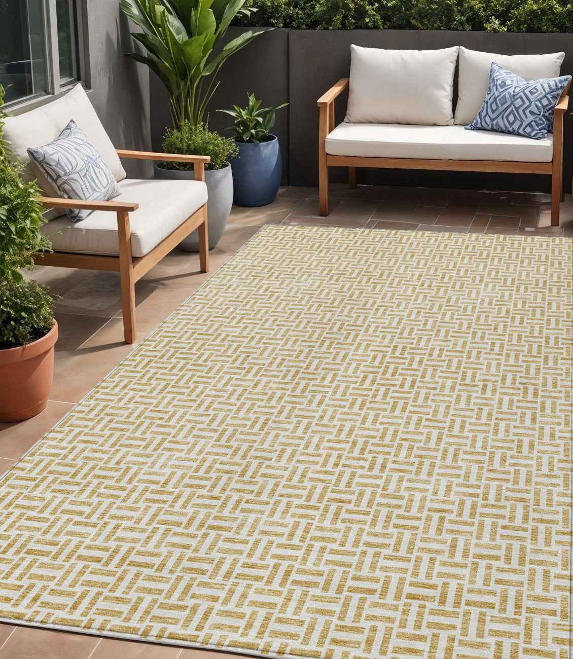5' X 8' Gold And Ivory Geometric Washable Indoor Outdoor Area Rug