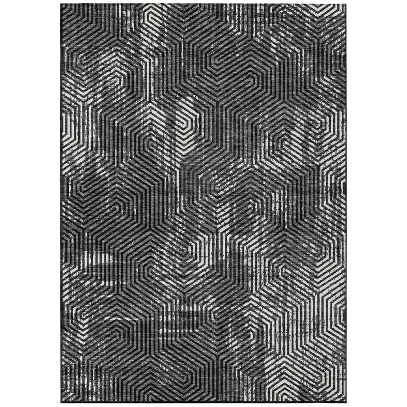 5' X 8' Black And Ivory Geometric Washable Indoor Outdoor Area Rug