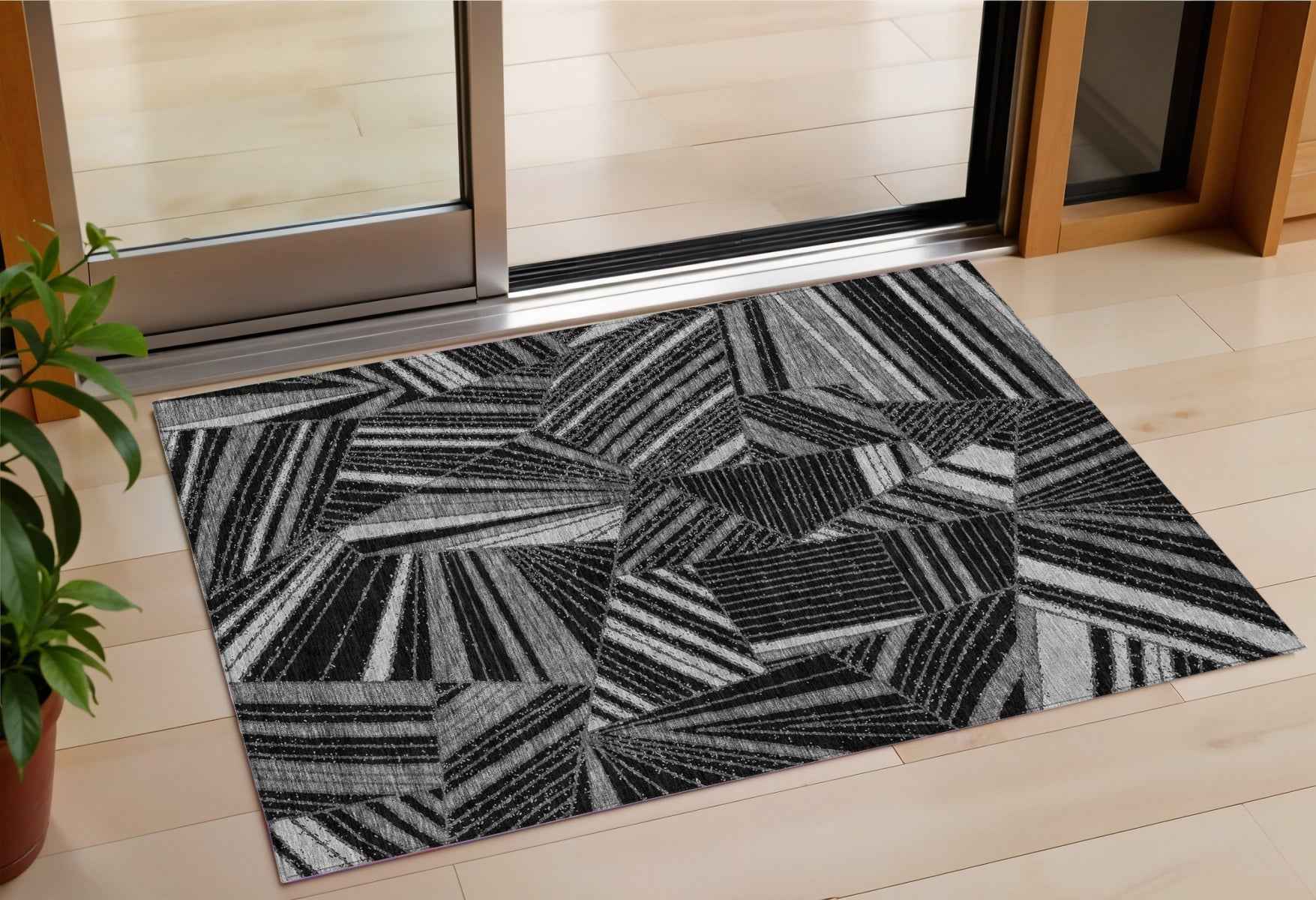 3' X 5' Black And Gray Geometric Washable Indoor Outdoor Area Rug