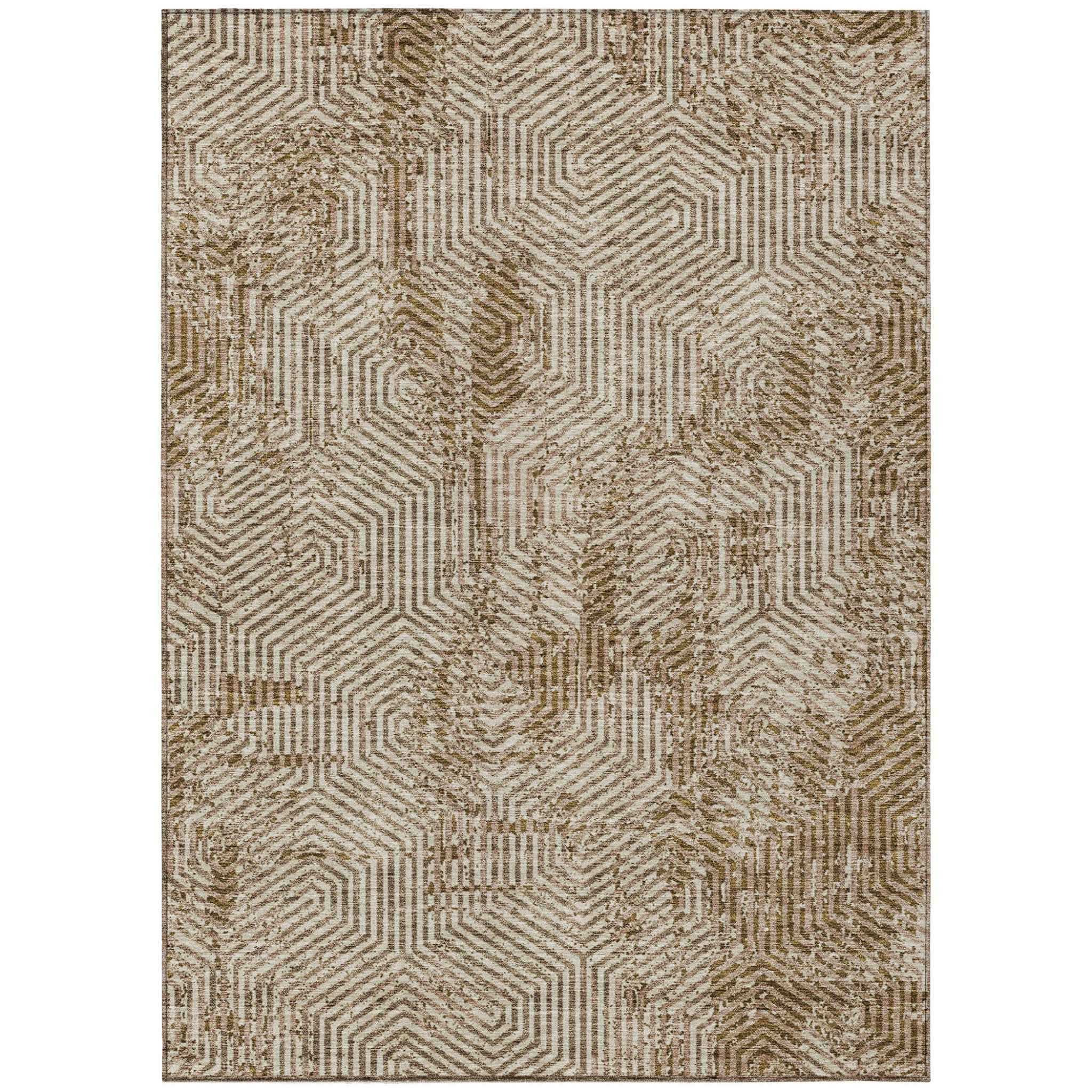 9' X 12' Brown And Beige Geometric Washable Indoor Outdoor Area Rug
