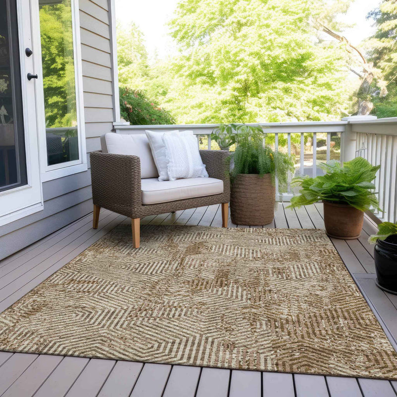 9' X 12' Brown And Beige Geometric Washable Indoor Outdoor Area Rug