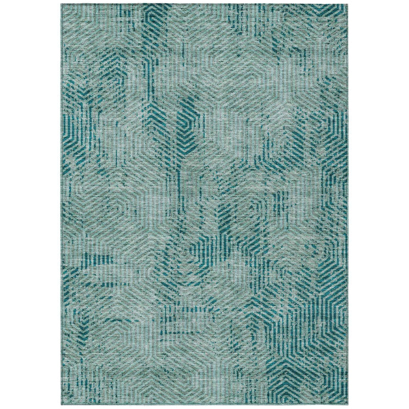 3' X 5' Teal Blue And Gray Geometric Washable Indoor Outdoor Area Rug