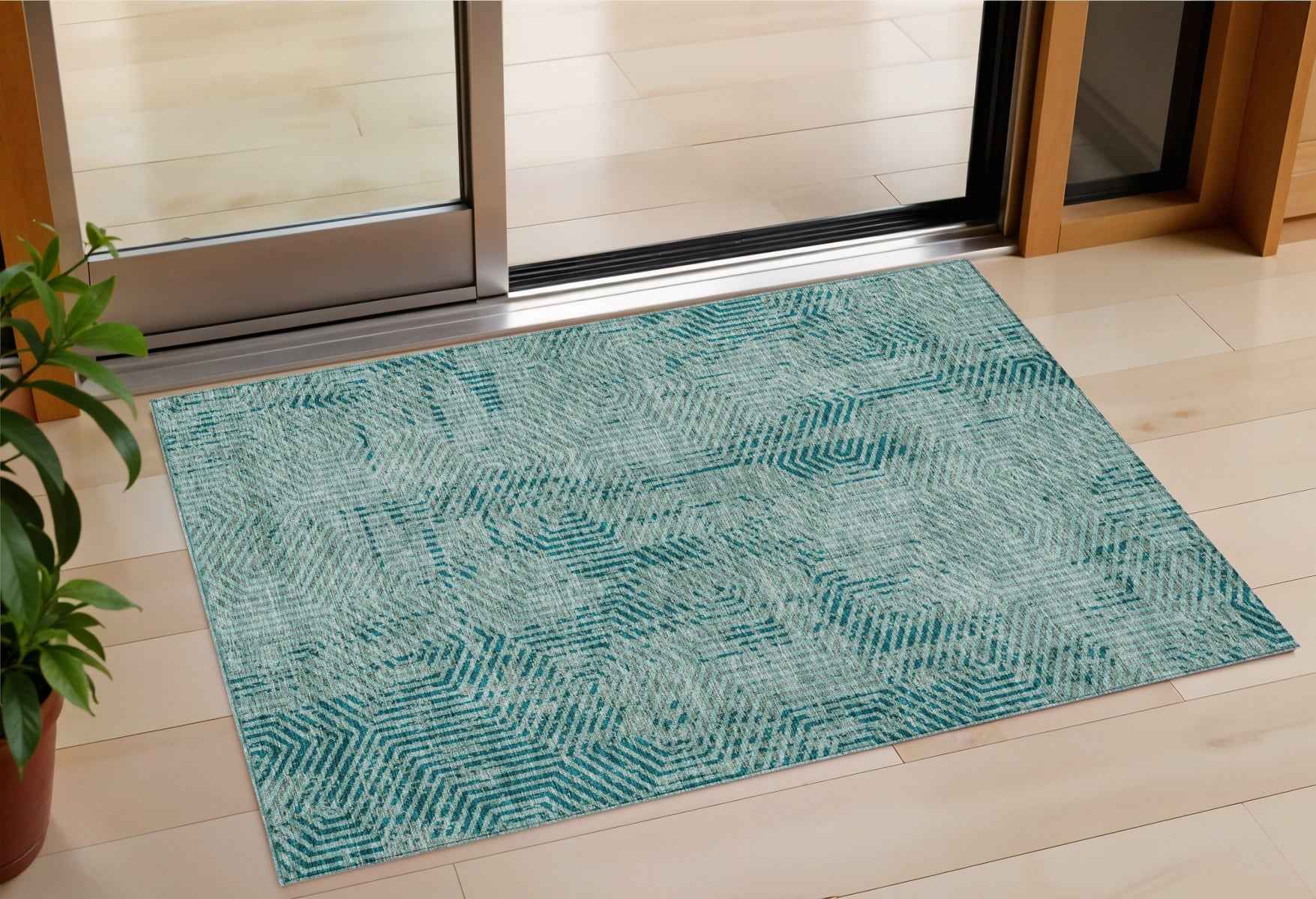 3' X 5' Teal Blue And Gray Geometric Washable Indoor Outdoor Area Rug