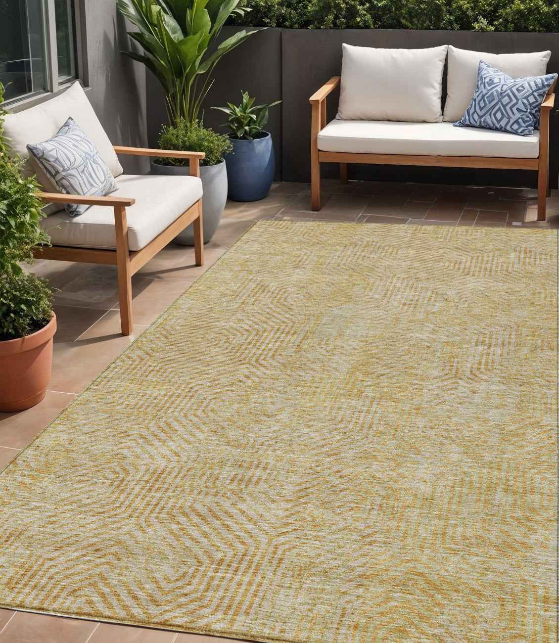 5' X 8' Gold And Beige Geometric Washable Indoor Outdoor Area Rug