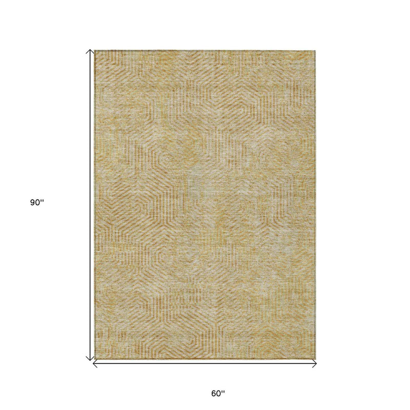 5' X 8' Gold And Beige Geometric Washable Indoor Outdoor Area Rug