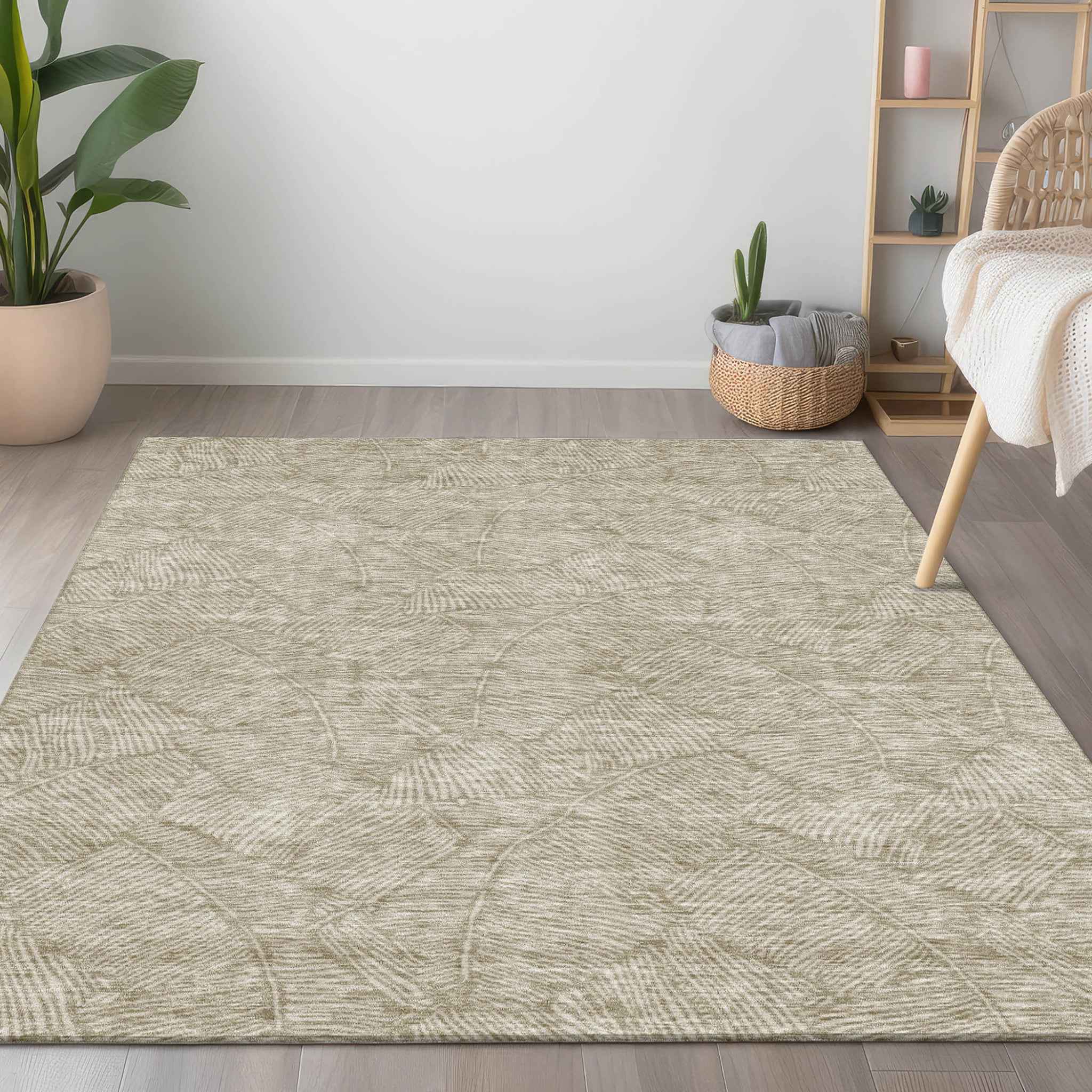 5' X 8' Taupe And Ivory Floral Washable Indoor Outdoor Area Rug