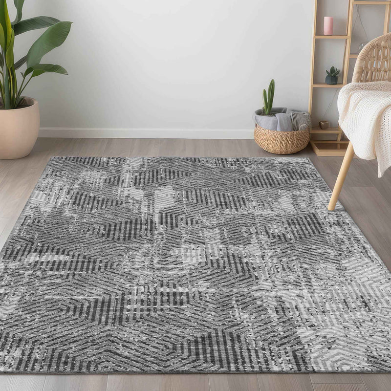 10' X 14' Gray And Charcoal Geometric Washable Indoor Outdoor Area Rug