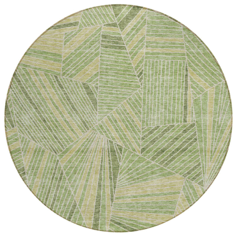8' Green And Olive Green Round Geometric Washable Indoor Outdoor Area Rug