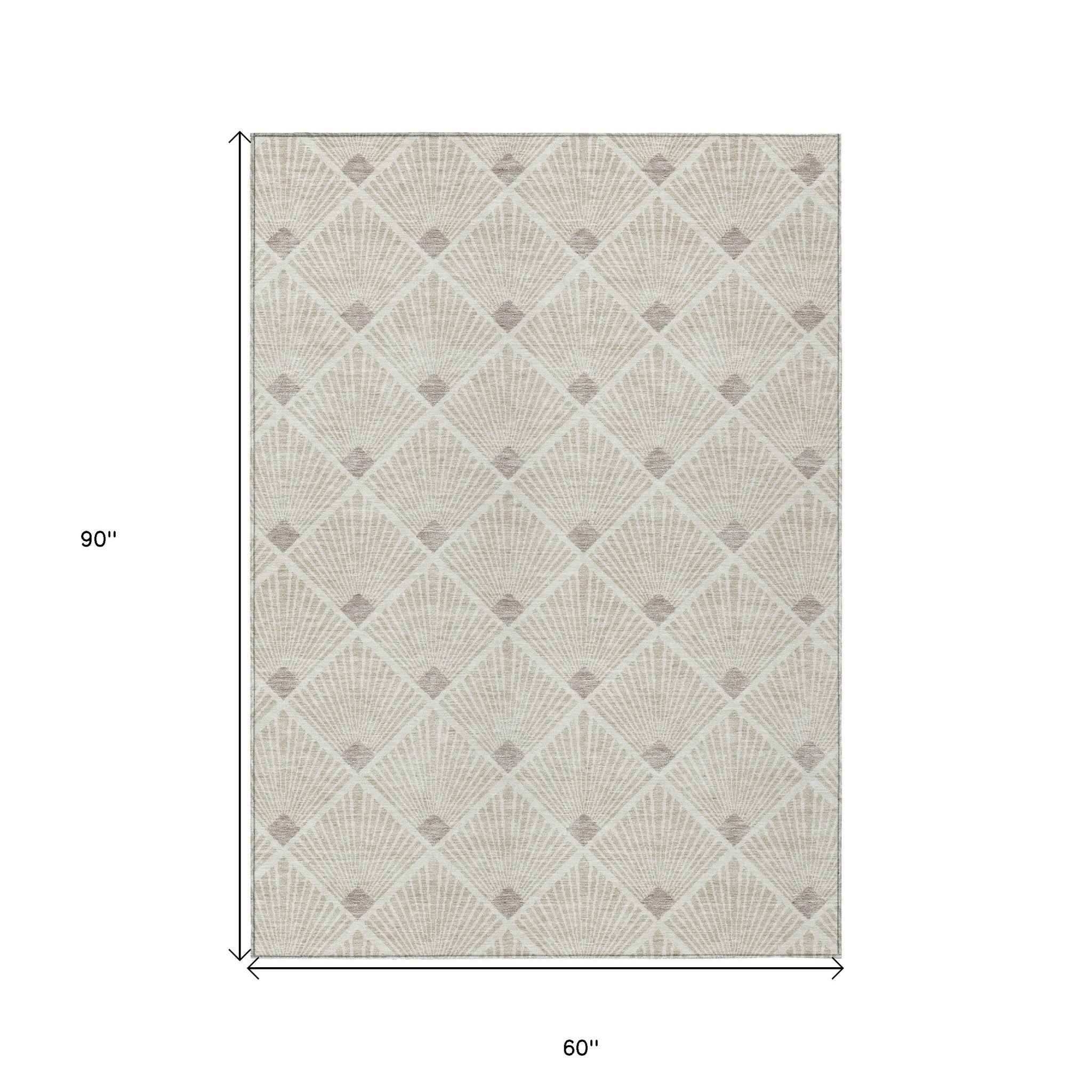 5' X 8' Beige And Ivory Geometric Washable Indoor Outdoor Area Rug