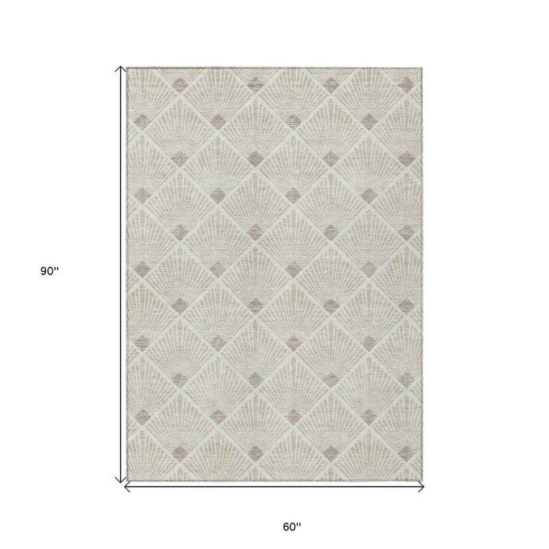 5' X 8' Beige And Ivory Geometric Washable Indoor Outdoor Area Rug