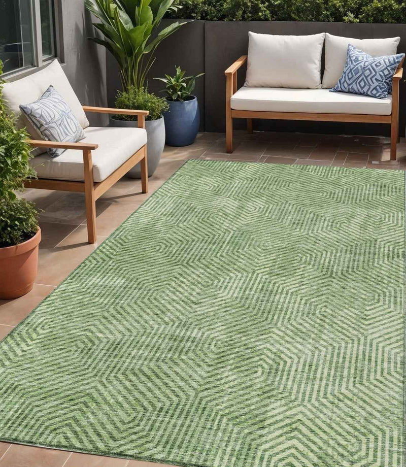 5' X 8' Green And Light Green Geometric Washable Indoor Outdoor Area Rug