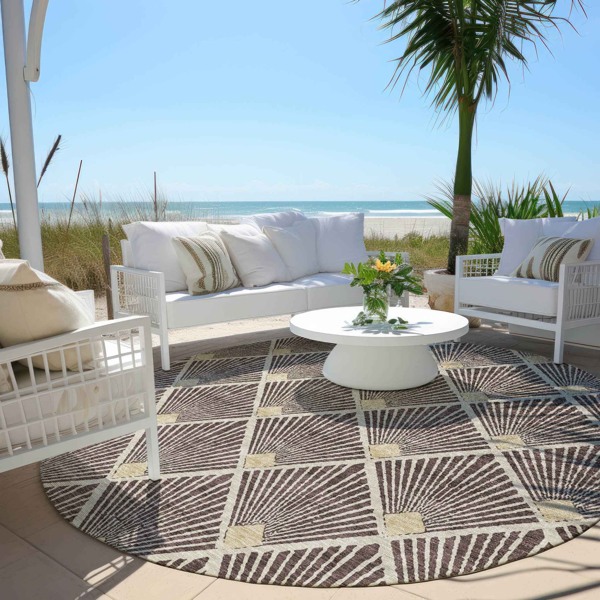 8' Brown And Beige Round Geometric Washable Indoor Outdoor Area Rug