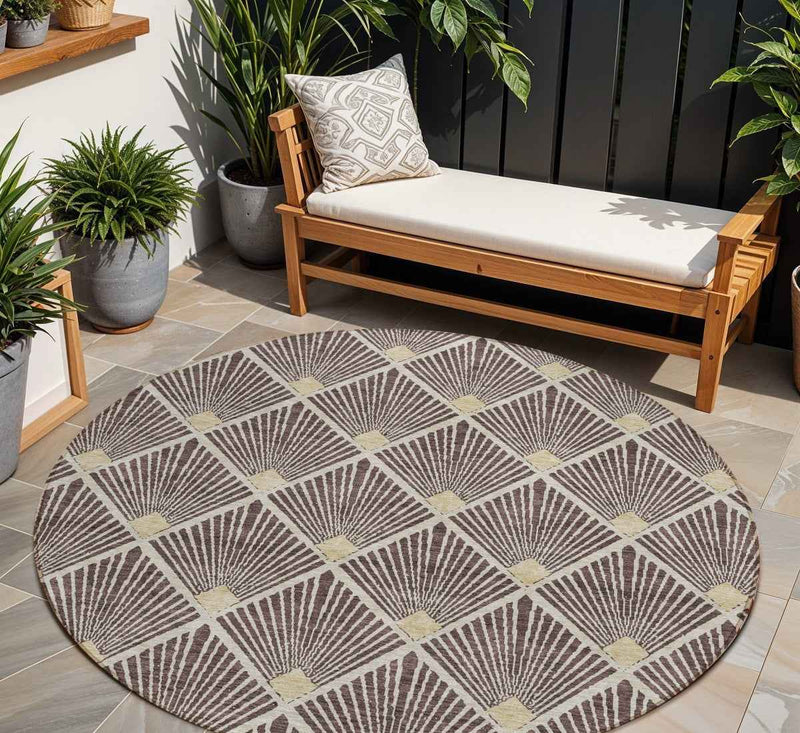 8' Brown And Beige Round Geometric Washable Indoor Outdoor Area Rug