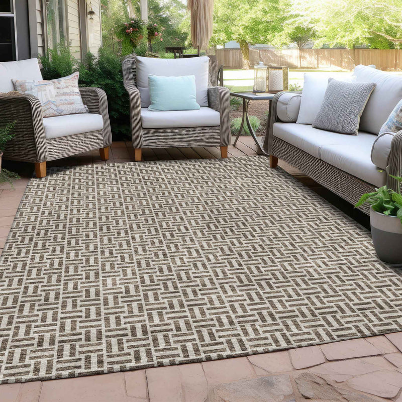 8' X 10' Brown And Beige Geometric Washable Indoor Outdoor Area Rug