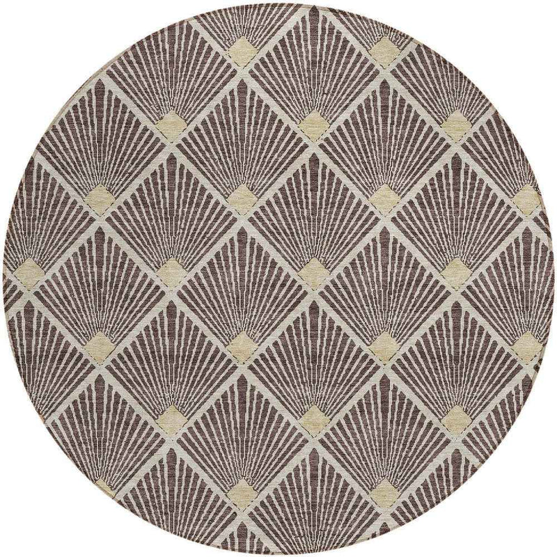 8' Brown And Beige Round Geometric Washable Indoor Outdoor Area Rug