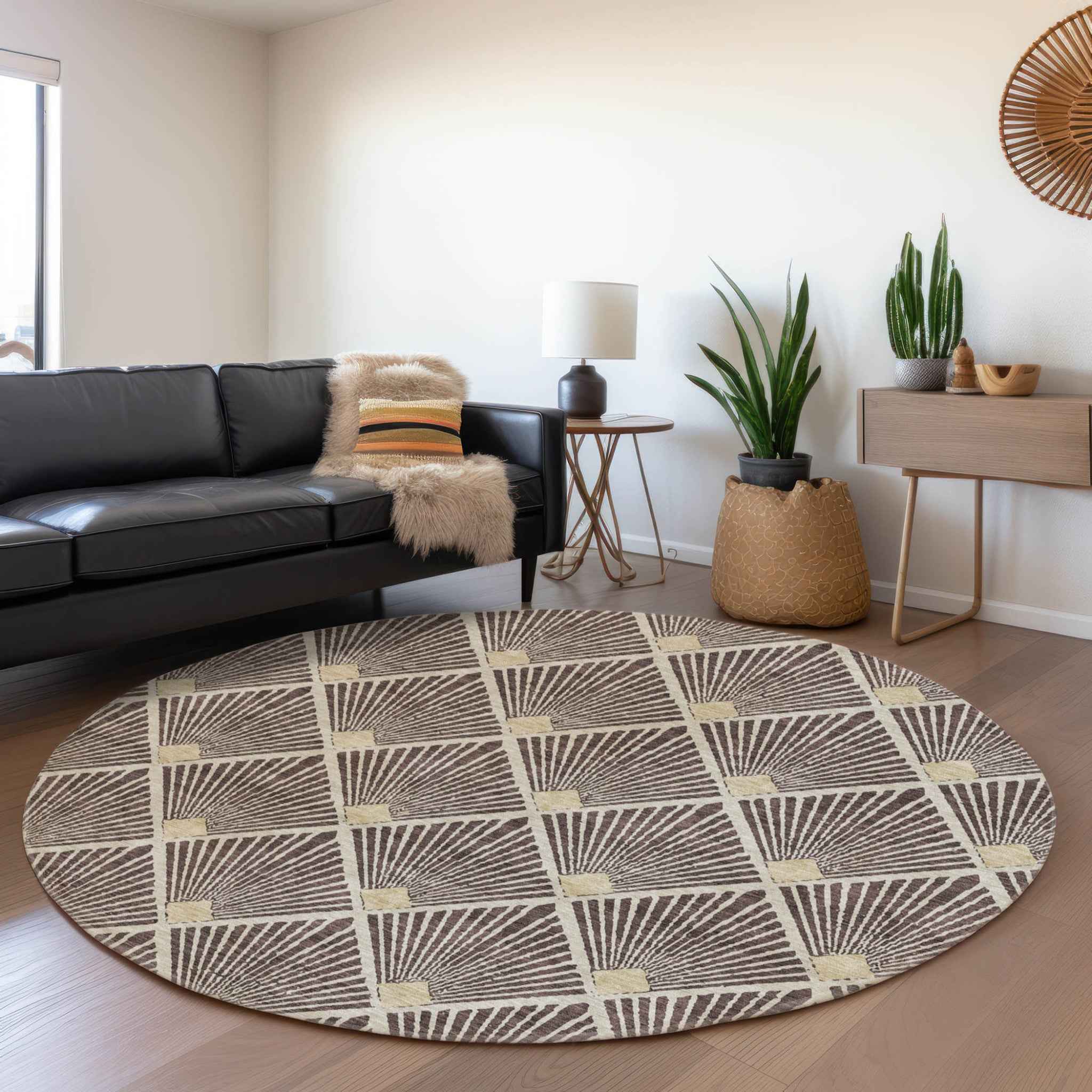 8' Brown And Beige Round Geometric Washable Indoor Outdoor Area Rug