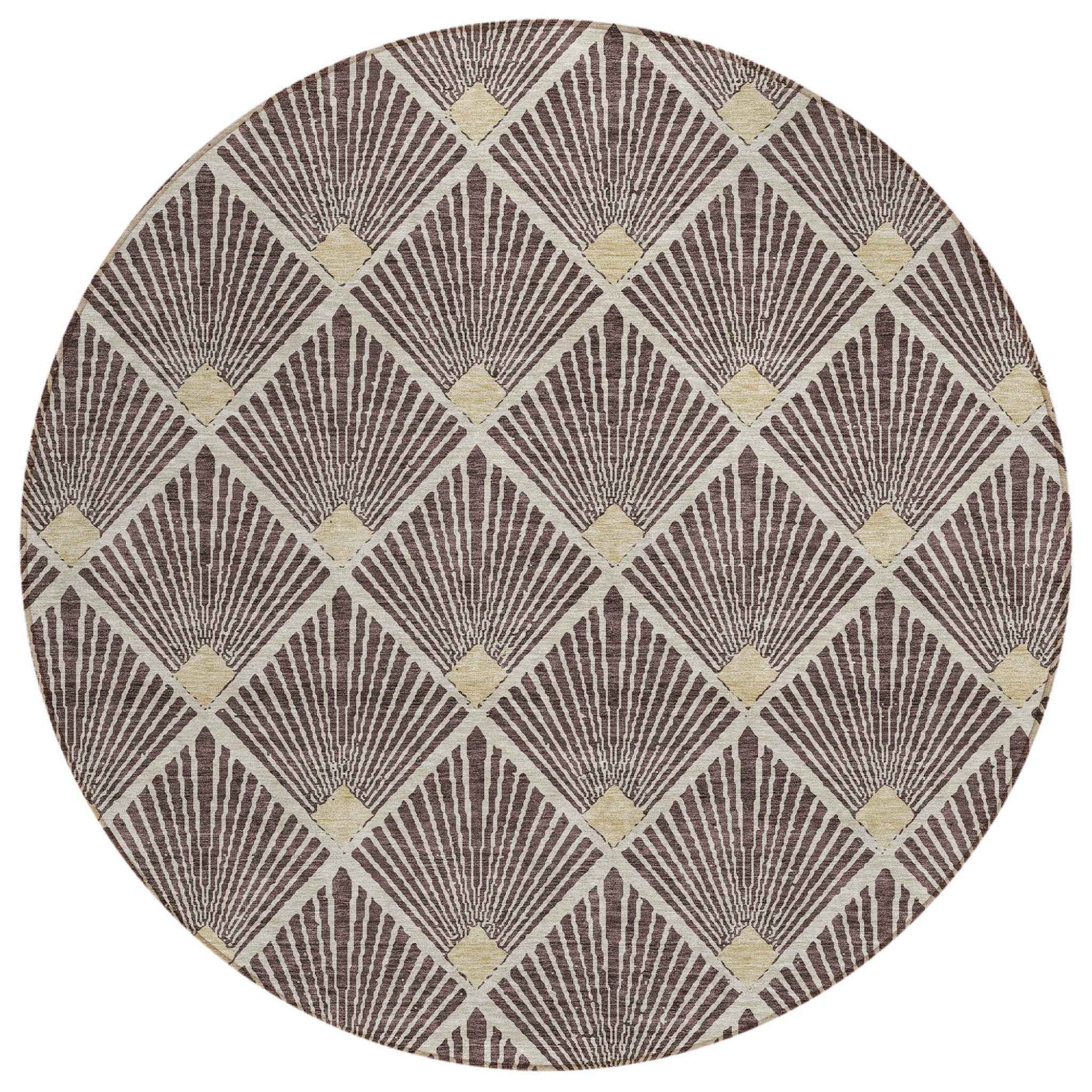8' Brown And Beige Round Geometric Washable Indoor Outdoor Area Rug
