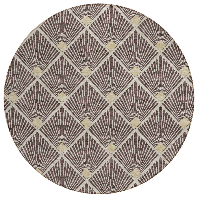 8' Brown And Beige Round Geometric Washable Indoor Outdoor Area Rug