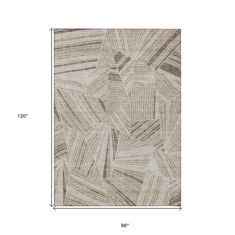 8' X 10' Beige Brown And Ivory Geometric Washable Indoor Outdoor Area Rug